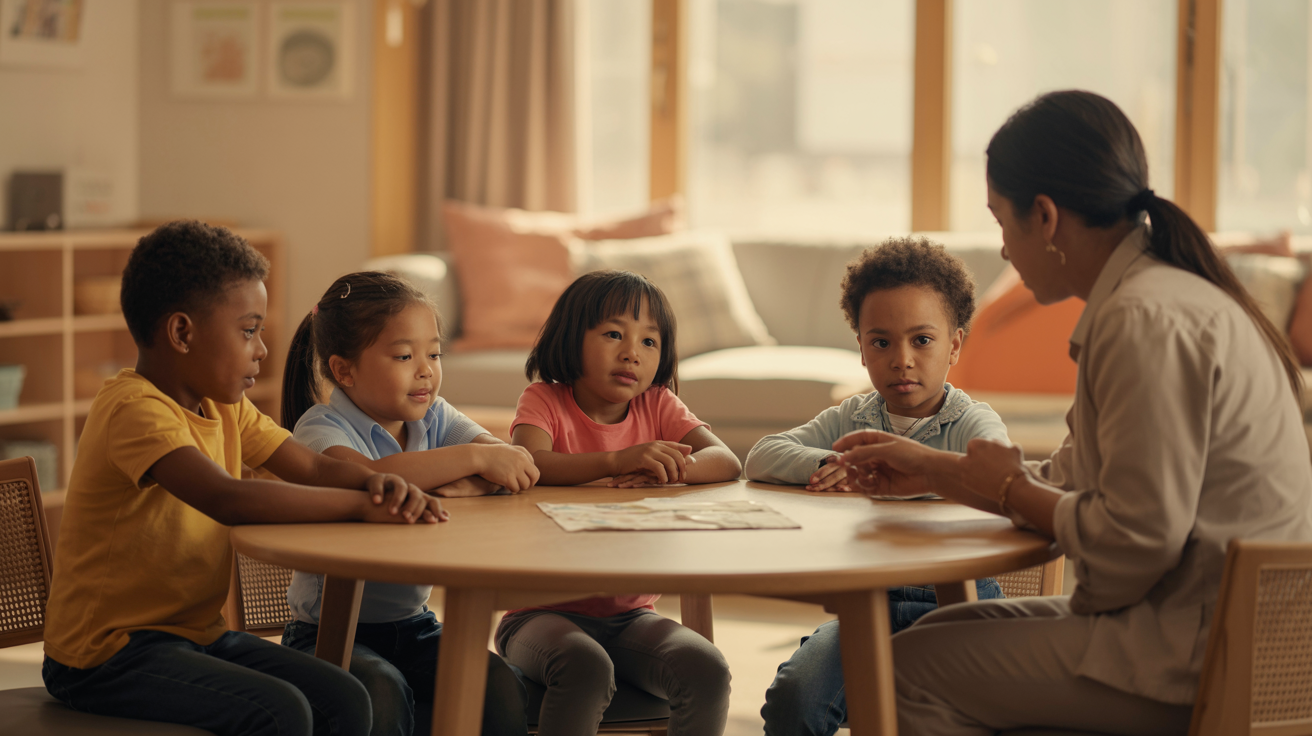 a-professional-photograph-of-children-ag_Z-gl-KoBQKSMILz-sUd6NQ_TTfvvB3_TNmZRYo33YK4FA Realistic photo of a small group of children sitting with an adult caregiver in a community support setting, listening and interacting calmly, nonprofit child assistance context, warm and reassuring atmosphere, no classroom, no daycare, no toys, no text, professional photography